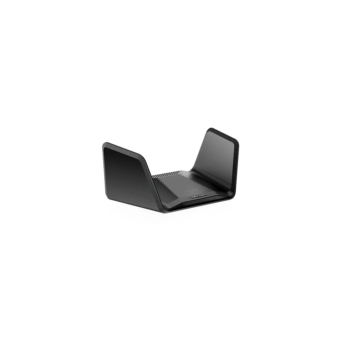 Schwarzer Router mit aufgestellten Antennen, vor weißem Hintergrund. Zwei Knöpfe und ein Gitter sind zu sehen.