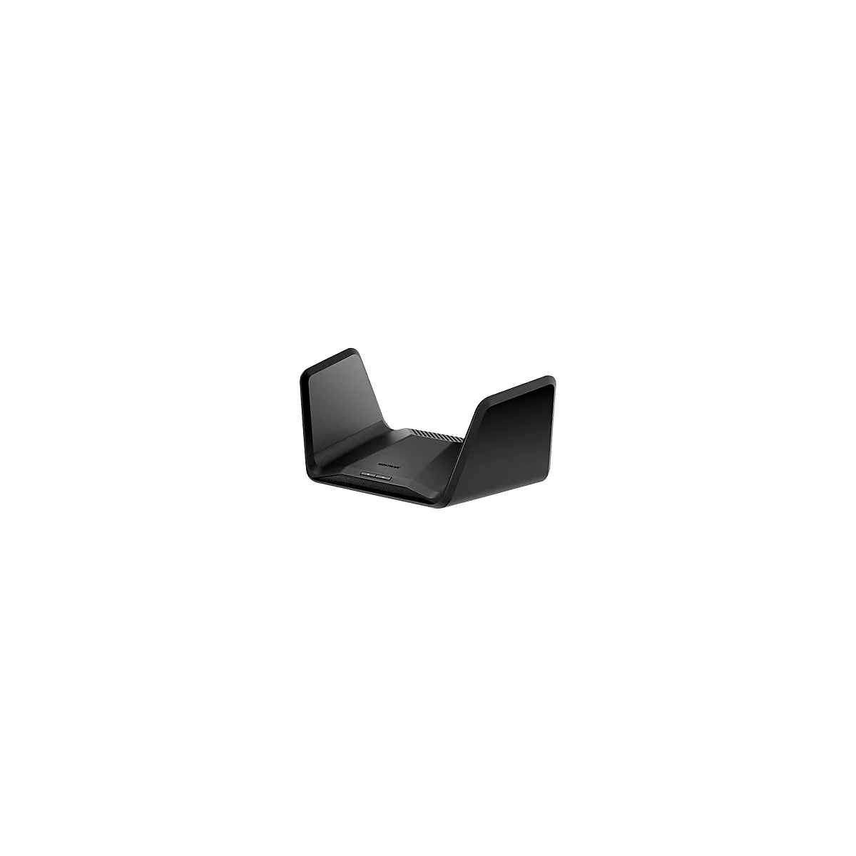 Schwarzer Router mit aufgestellten Antennen, Nahaufnahme. Auf der Oberseite befinden sich Knöpfe und die Marke NIGHTHAWK.