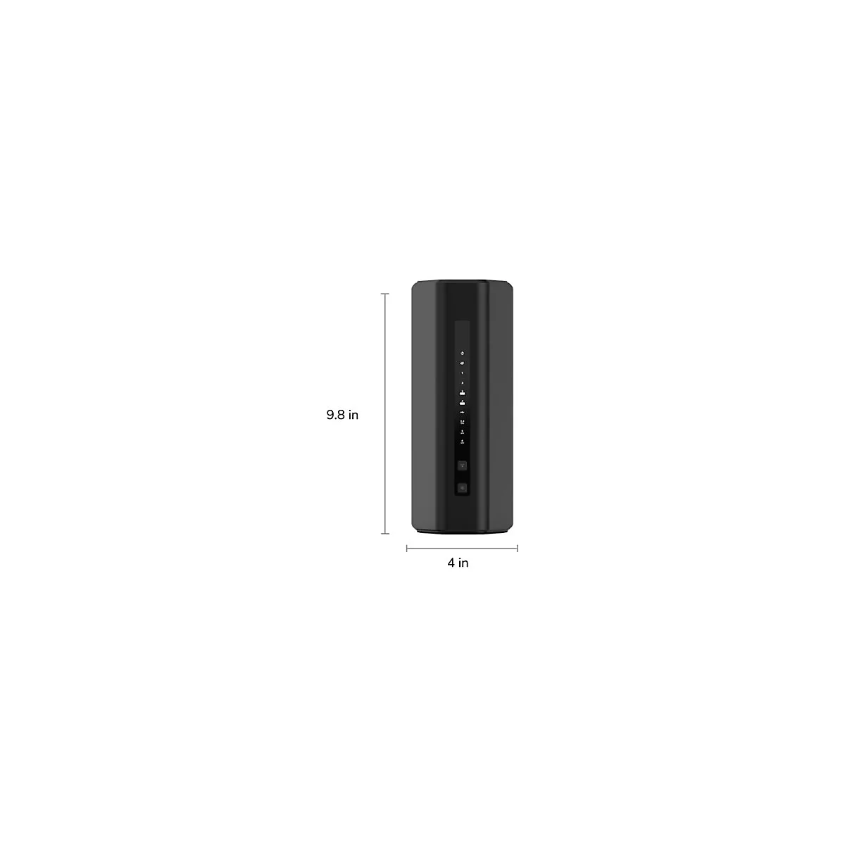 Schwarzer Router mit MaÃŸen: 9,8 Zoll hoch und 4 Zoll breit. Verschiedene Lichter und KnÃ¶pfe an der Vorderseite.