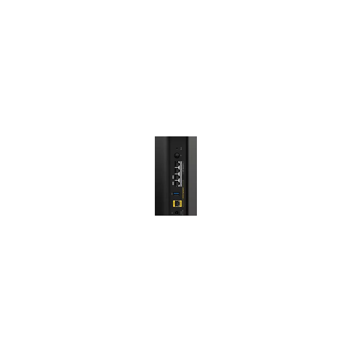 RÃ¼ckseite eines schwarzen Routers mit AnschlÃ¼ssen fÃ¼r Netzwerkkabel, USB und Strom.