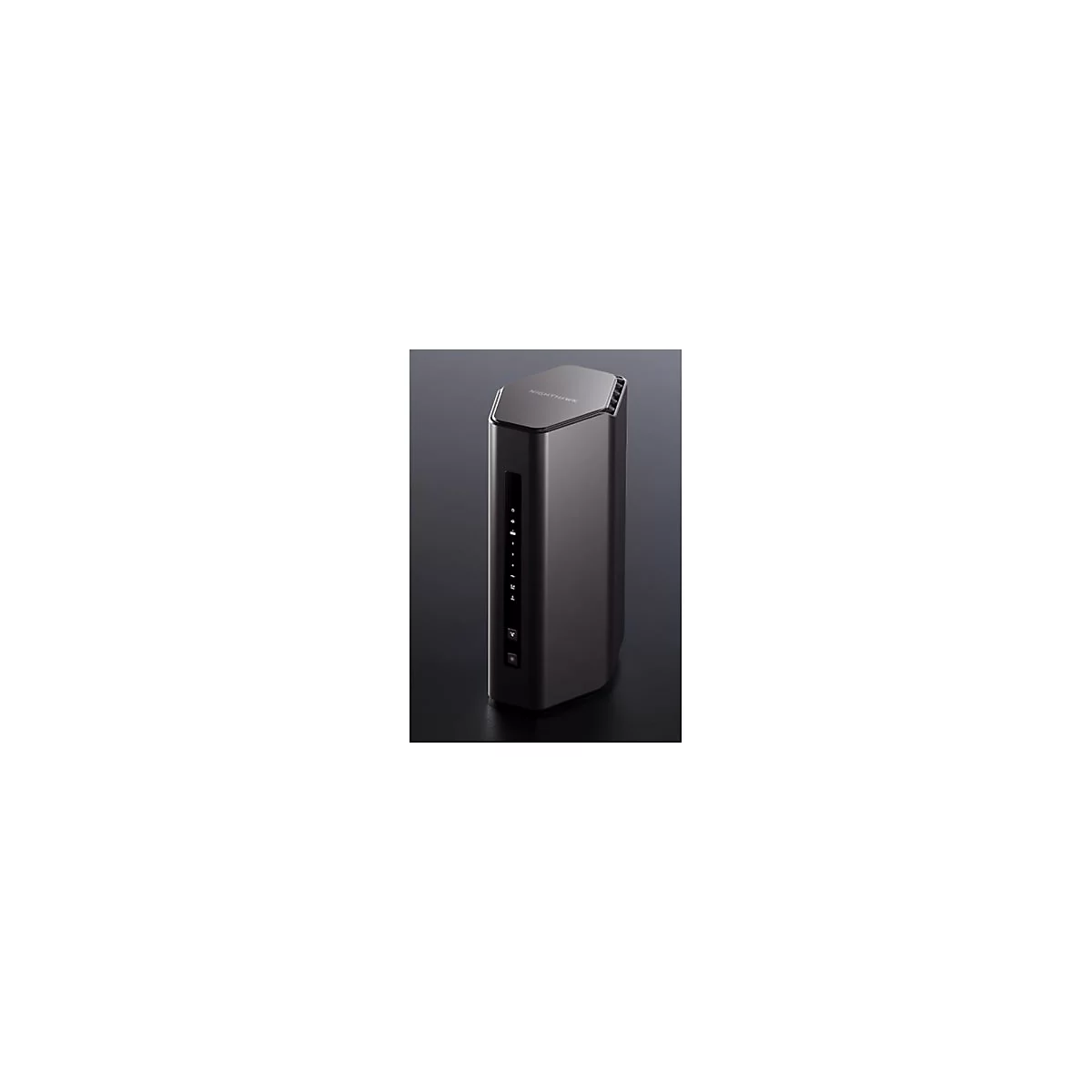 Dunkelgrauer Router, rechteckig, mit Leuchtanzeigen und Firmenlogo.