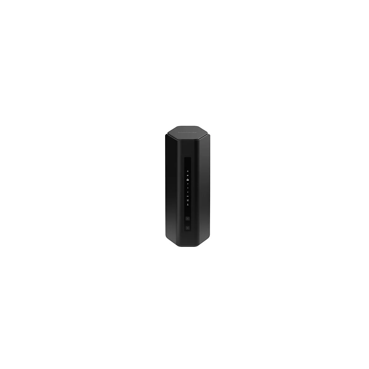 Schwarzer, sechseckiger Router auf weiÃŸem Hintergrund mit Anzeigeleuchten.