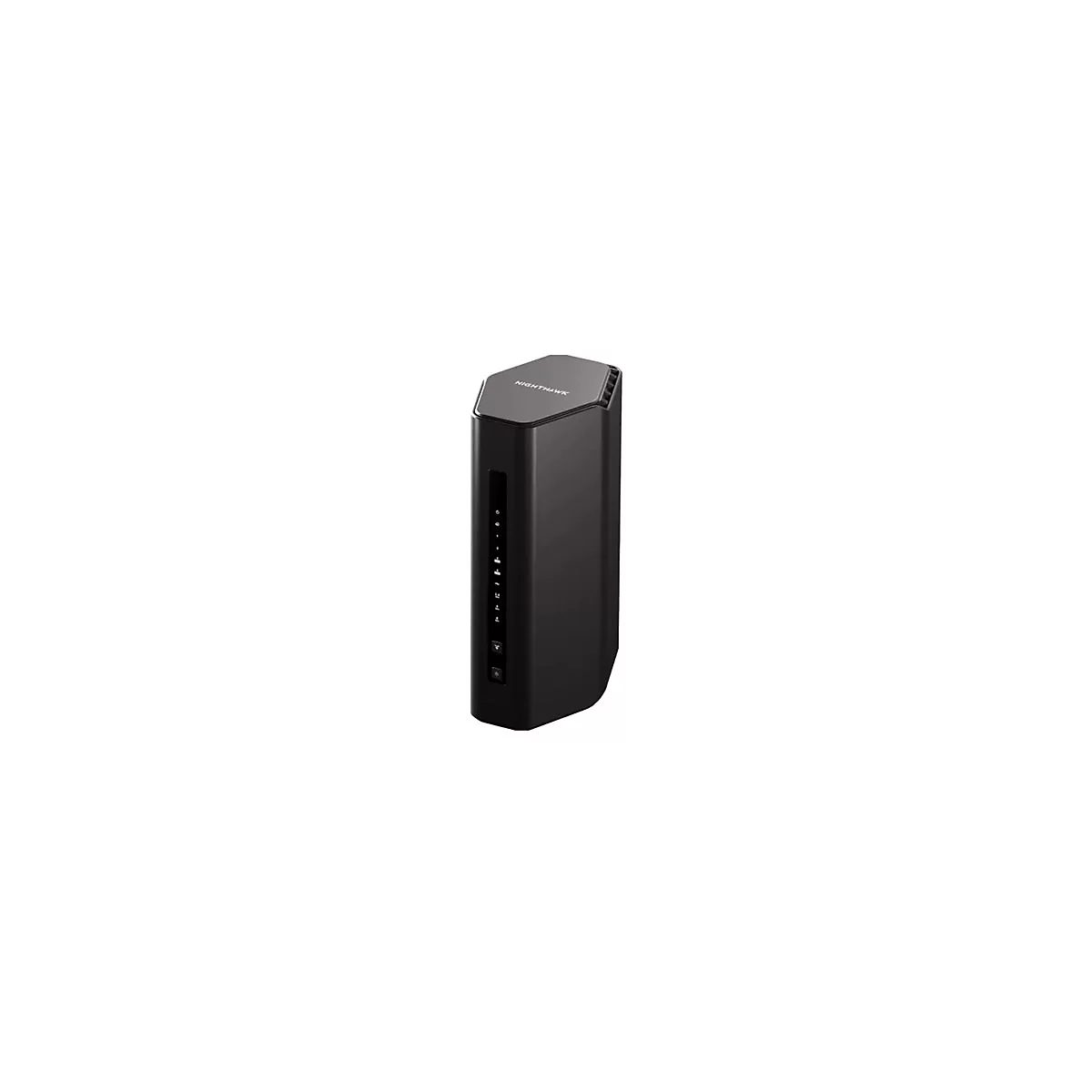 Ein schwarzer Router mit vertikalen LED-Leuchten. Oben steht 'Nighthawk'.
