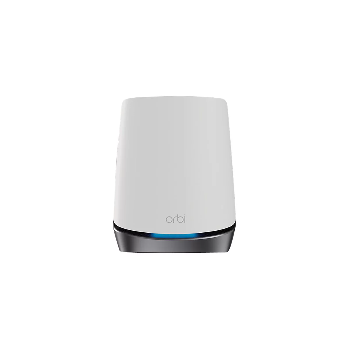 Weißer Orbi WLAN-Router mit unterem dunkelgrauen Bereich und leuchtend blauer Status-LED.