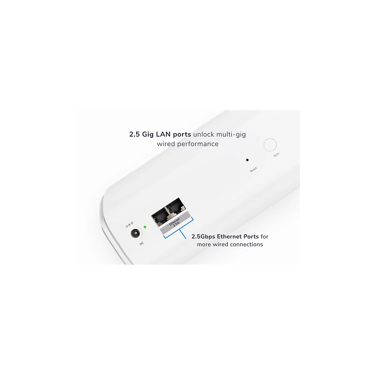 Nahaufnahme eines weißen Routers mit hervorgehobenen Ethernet-Anschlüssen. Text: „2,5 Gig LAN-Ports“ und „2,5 Gbit/s Ethernet-Anschlüsse für mehr kabelgebundene Verbindungen.“