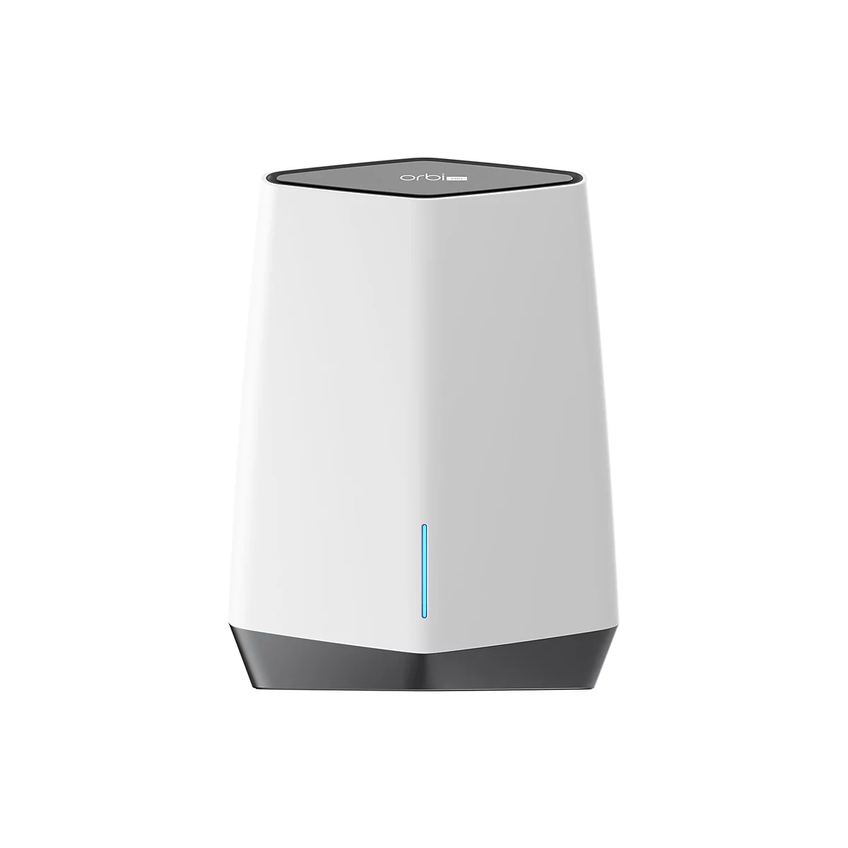Weißer, kegelförmiger WLAN-Router Orbi Pro mit dunkelgrauem Sockel und leuchtend blauem Statuslicht.