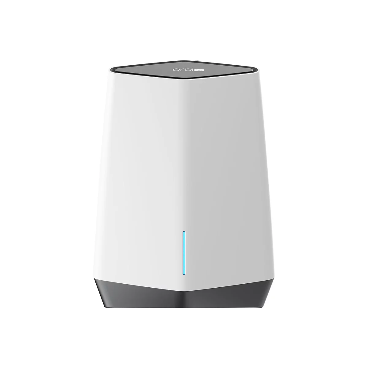 Weißer Orbi Pro WLAN-Router in Turmform mit schwarzem Sockel, Oberseite und einer vertikalen blauen LED-Anzeige.