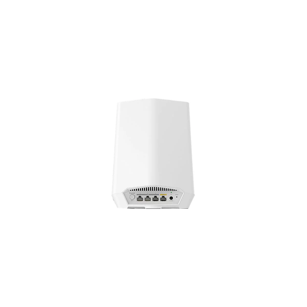 Weißer WLAN-Router von hinten mit vier LAN-Ports, Stromanschluss und Sync-Taste vor weißem Hintergrund.