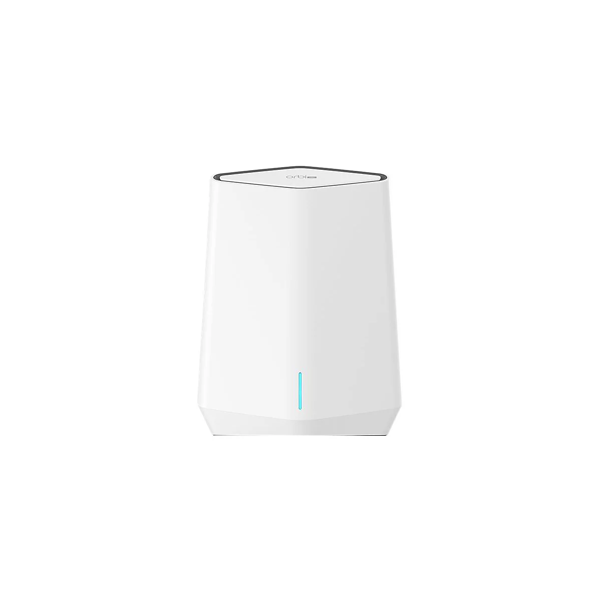 Weißer Orbi WLAN-Router mit einer vertikalen, leuchtend blauen LED-Statusanzeige vor neutralem Hintergrund.