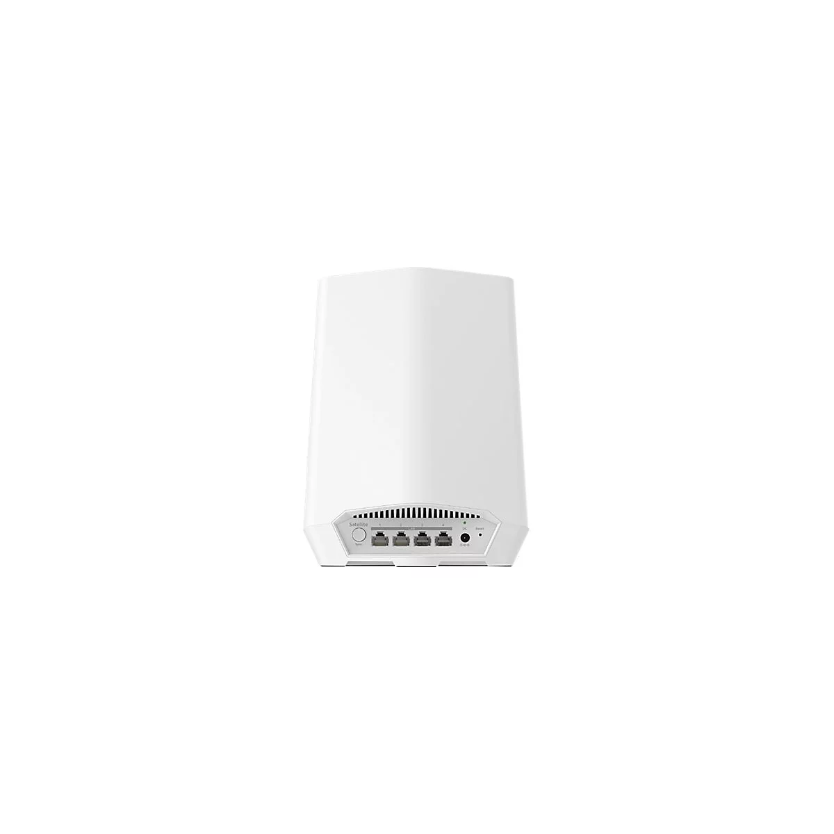Weißer Mesh-WLAN-Router mit vier LAN-Anschlüssen, Sync-Taste und Stromanschluss auf der Rückseite.
