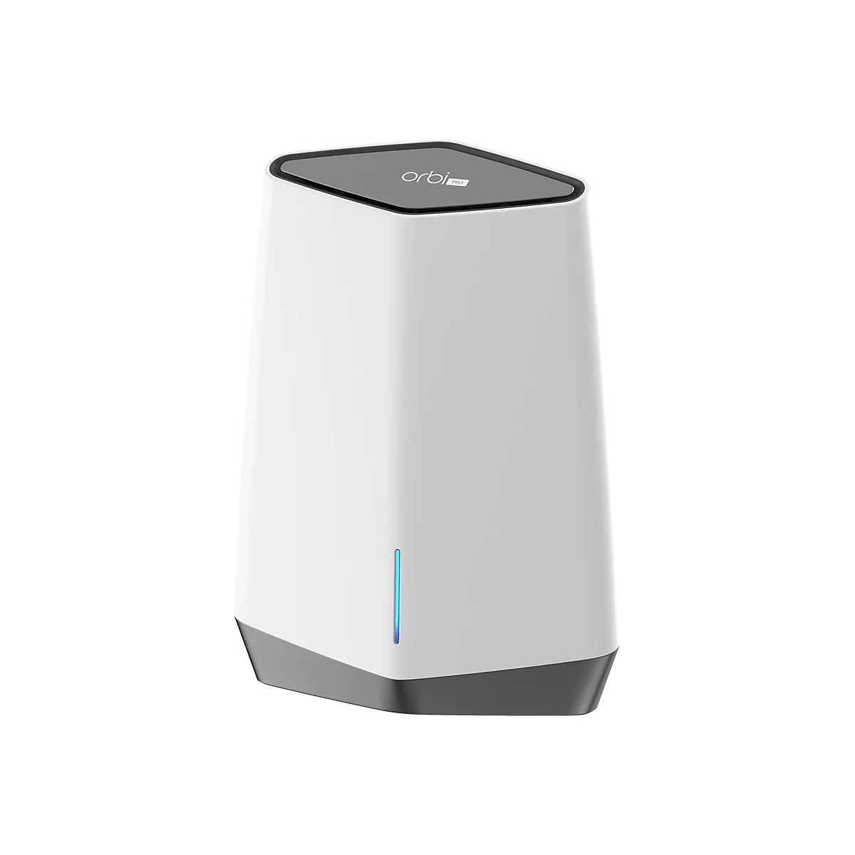 Weißer Netgear Orbi Pro WLAN-Router mit einem leuchtend blauen vertikalen Lichtstreifen.