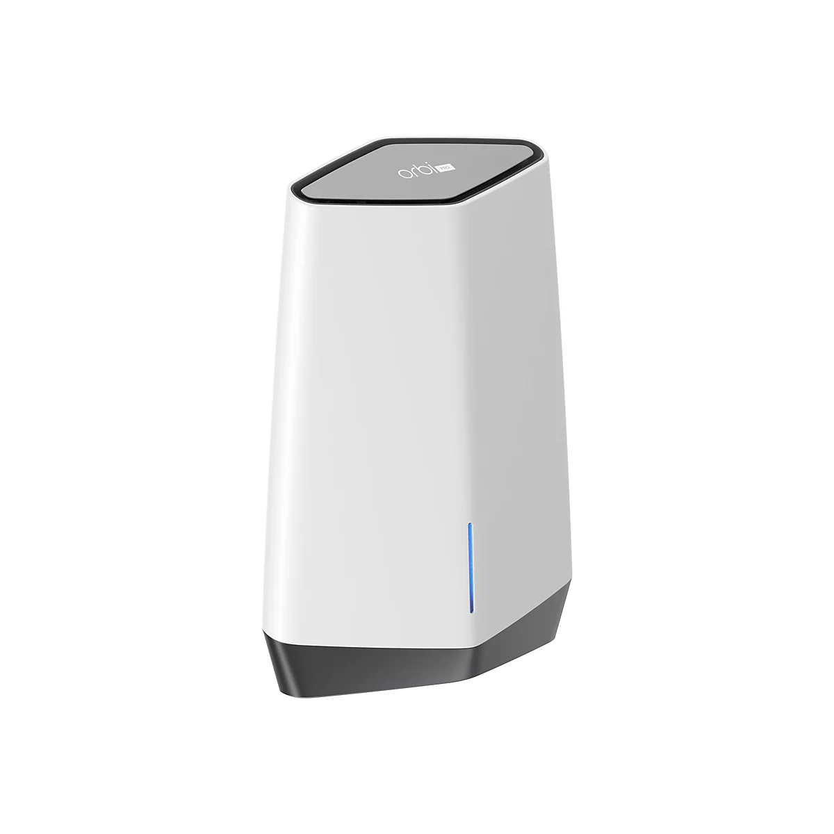 Weißer Orbi Pro WLAN-Router in Turmform mit grauem Sockel und blauem LED-Licht vor weißem Hintergrund.