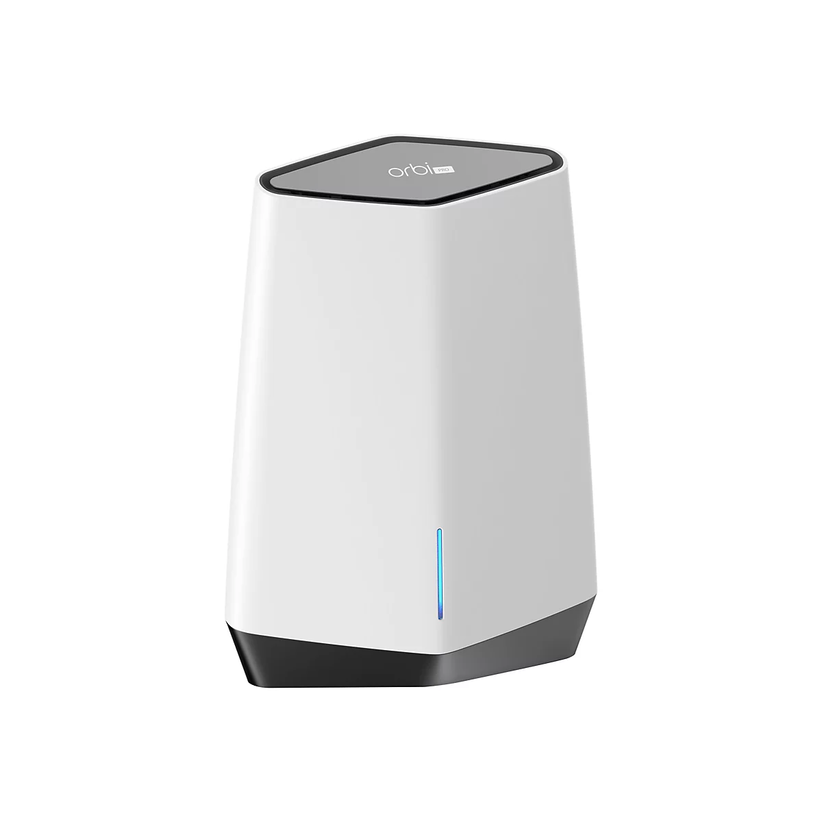 Weißer Orbi Pro WLAN-Router mit grauer Oberseite und einer vertikalen blauen LED-Statusleuchte auf der Vorderseite.