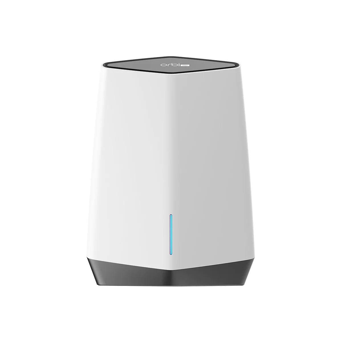 Weißer Orbi Pro WLAN-Router mit einem zentralen vertikalen blauen LED-Licht auf weißem Hintergrund.