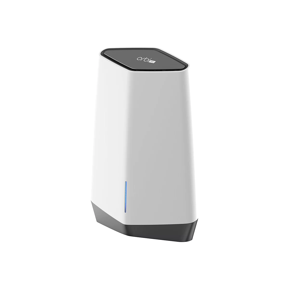 Weißer Orbi Pro WLAN-Router mit schwarzer Oberseite und blauem LED-Streifen auf weißem Hintergrund.