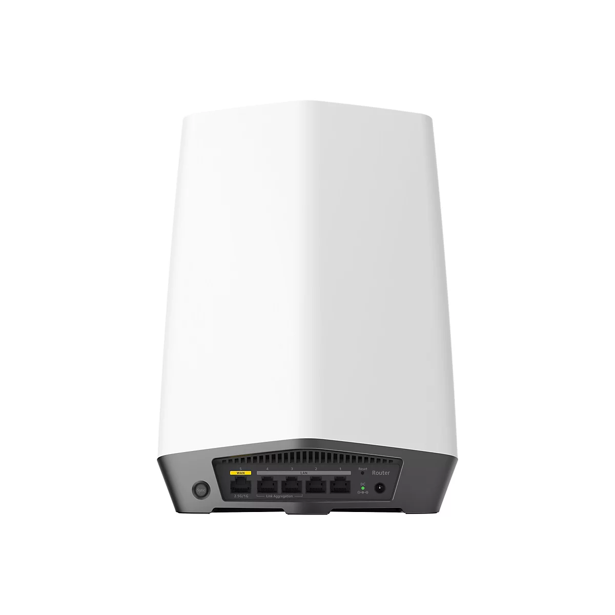 Weißer, turmförmiger WLAN-Router vor weißem Hintergrund mit rückseitigen Anschlüssen.