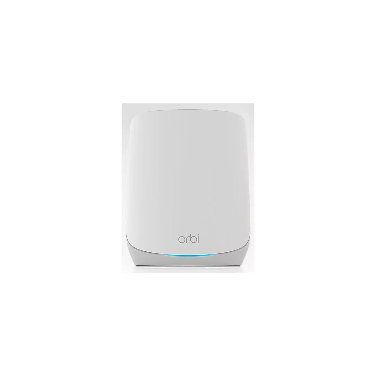 WeiÃŸes Orbi WLAN-GerÃ¤t mit abgerundeten Ecken und blau leuchtendem Sockel. Das Logo orbi ist unten angebracht.