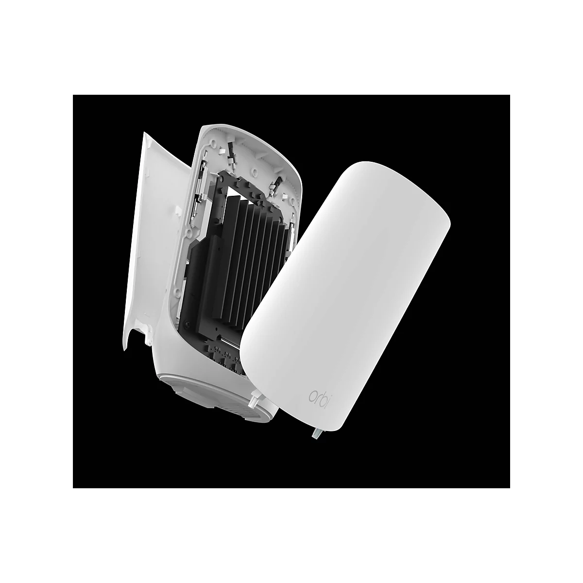 Detailaufnahme eines weißen Routers, auseinandergenommen, mit Blick ins Innere. Das Orbi-Logo ist sichtbar.