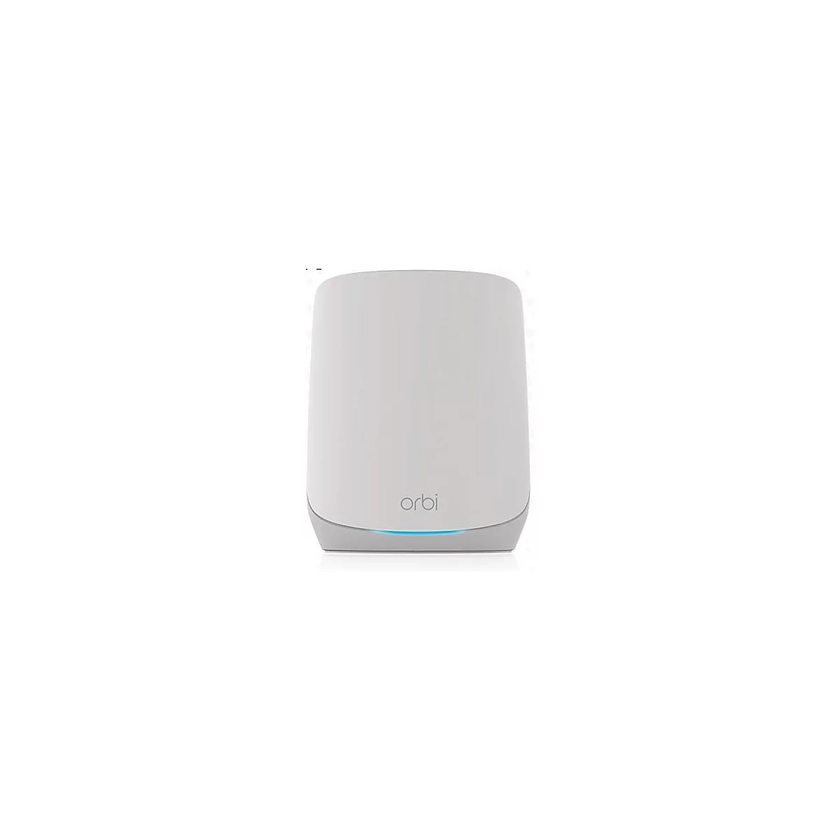 Grauer Router mit abgerundeten Ecken, blauer Lichtleiste unten, „orbi“-Logo. Auf weißem Grund.