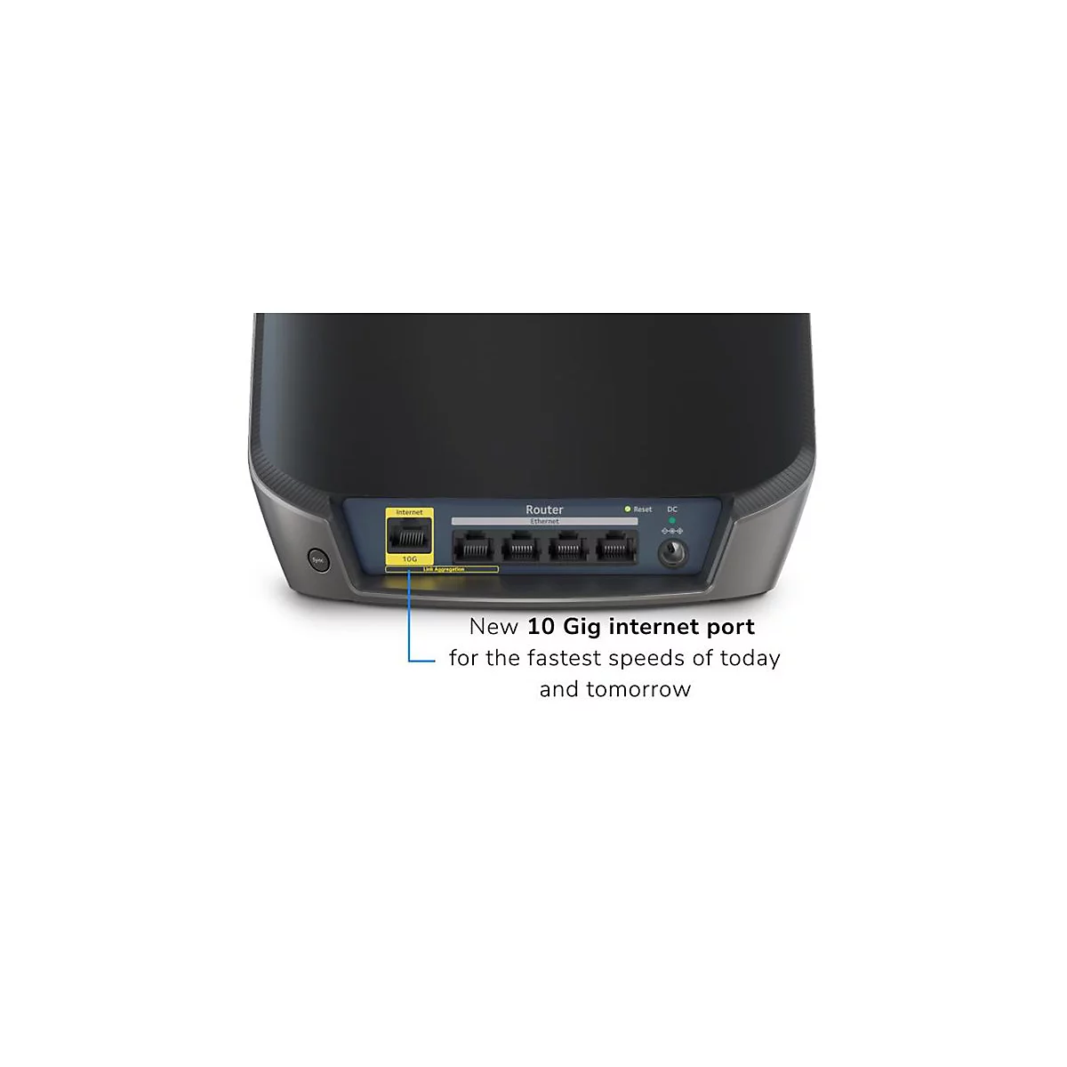 Nahaufnahme der Anschlüsse eines Routers mit gelbem 10-Gigabit-Internetanschluss und Hinweis auf schnelle Geschwindigkeiten.