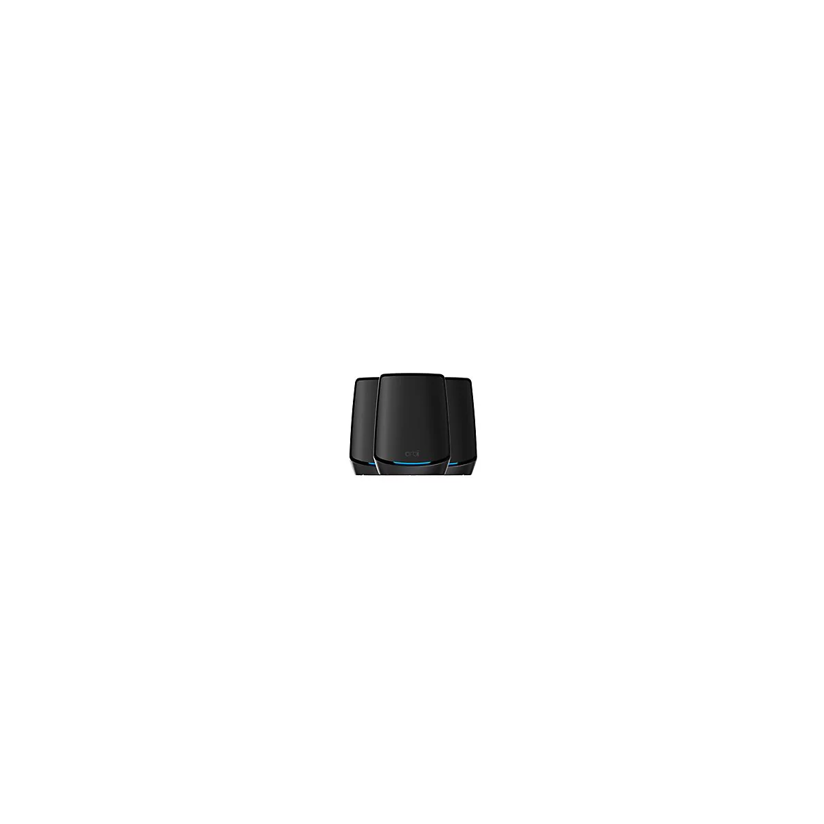Drei schwarze Orbi Mesh-WLAN-Router mit leuchtend blauem Statuslicht vor weißem Hintergrund.