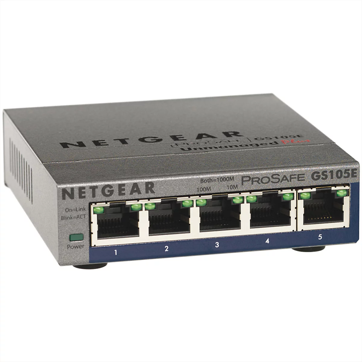 Ein grauer Netzwerk-Switch mit dem Schriftzug NETGEAR und fünf Ports.