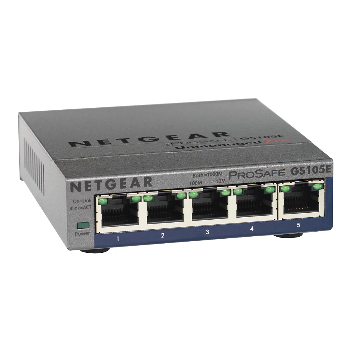 Ein grauer Netzwerk-Switch von Netgear, mit 5 Anschlüssen, Beschriftung GS105E und verschiedenen LEDs.