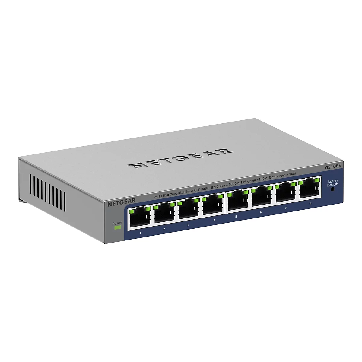Commutateur Netgear gris Ã  8 ports, lettrage NETGEAR sur le cÃ´tÃ©, accents bleus, ports avec petites lumiÃ¨res.