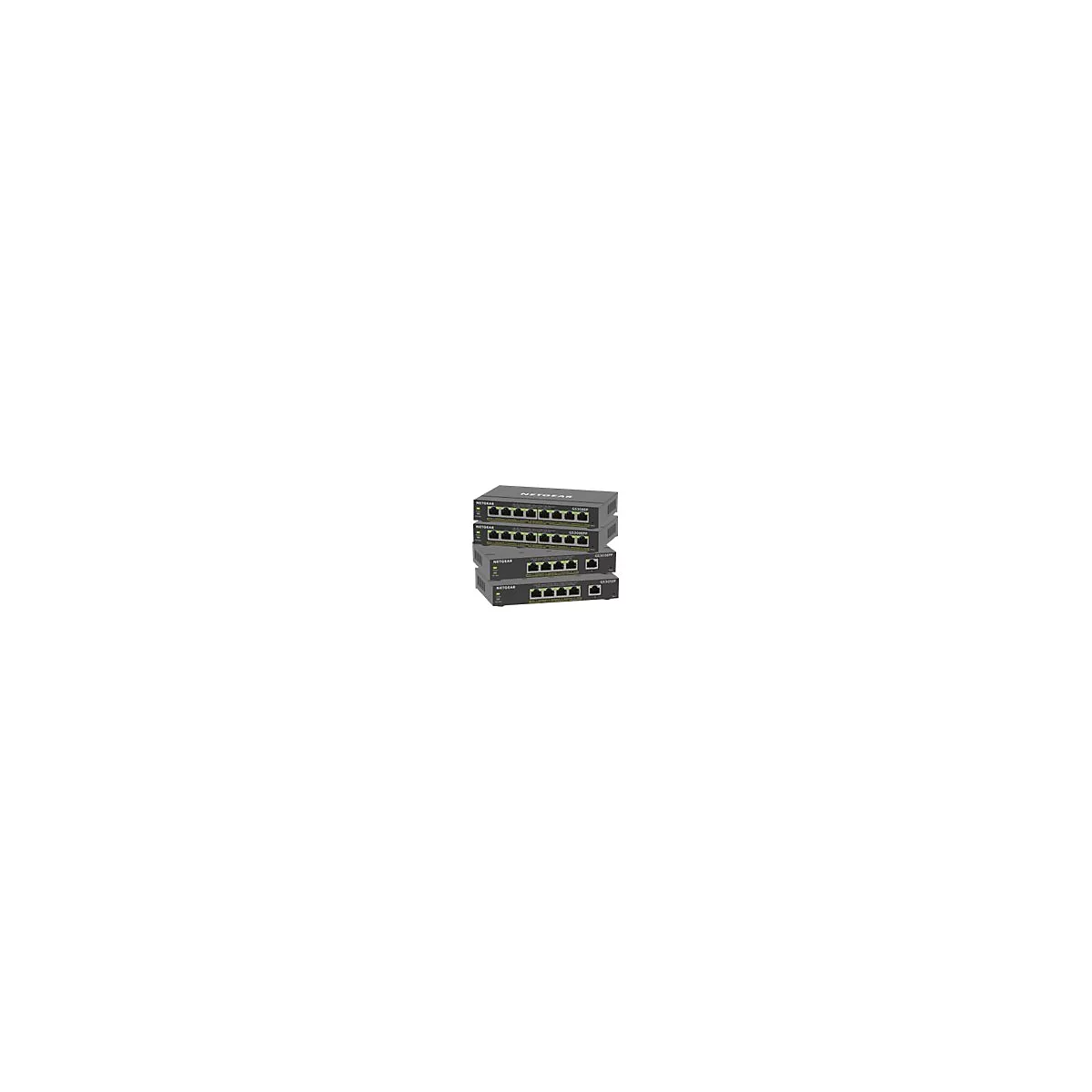 Quatre commutateurs rÃ©seau noirs Netgear empilÃ©s, avec ports Ethernet et LED vertes. Chaque appareil porte un nom de modÃ¨le.
