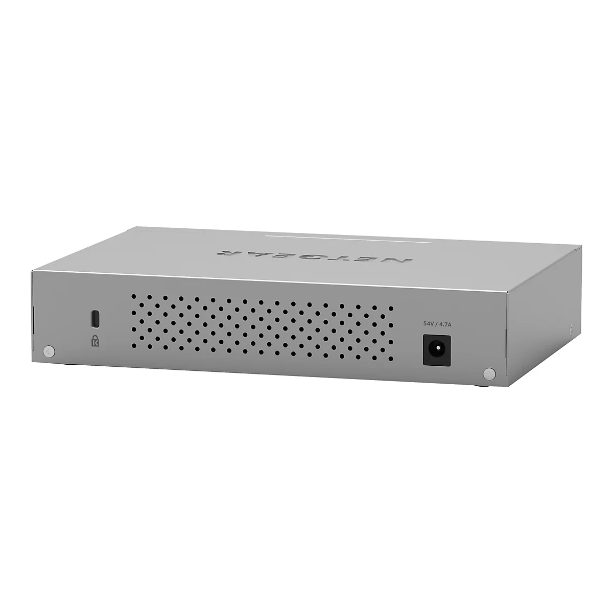 Commutateur rÃ©seau gris avec le logo NETGEAR. L'arriÃ¨re comporte des trous de ventilation, un connecteur d'alimentation et une lumiÃ¨re LED.