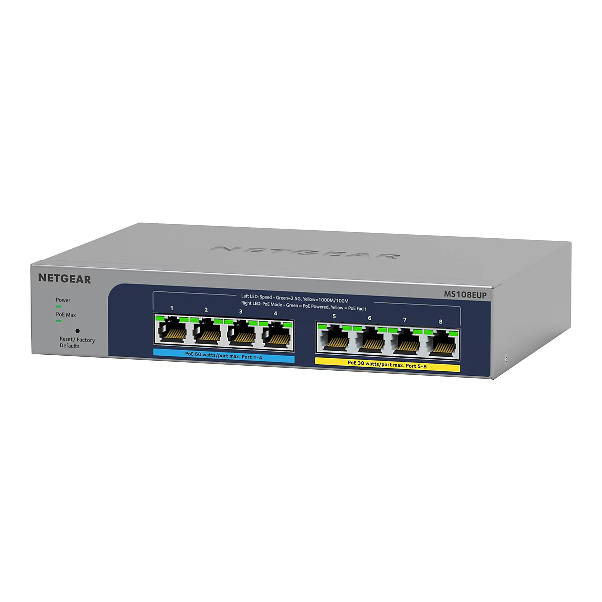 Switch Netgear gris avec faÃ§ade bleue et jaune. Ports Ã©tiquetÃ©s, logo de la marque et nom du modÃ¨le.