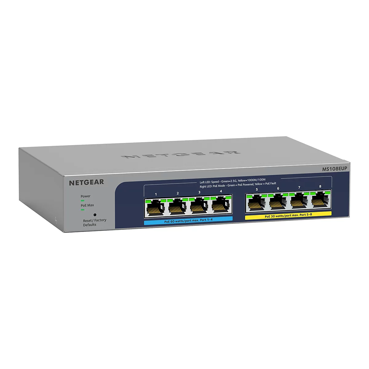Commutateur rÃ©seau gris avec huit ports. Inscription : NETGEAR. Plusieurs LED et marquages colorÃ©s.