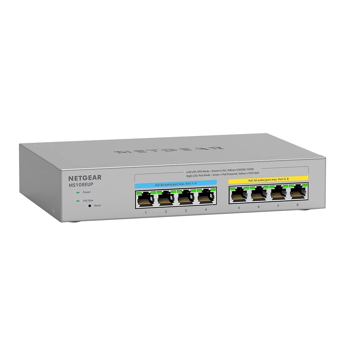 Commutateur rÃ©seau gris Netgear avec ports et LED, fond neutre.