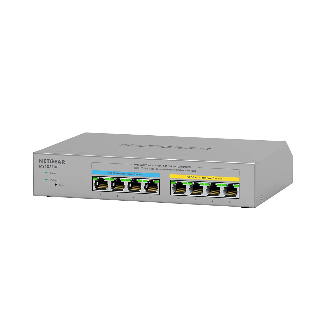 Ein grauer Netzwerk-Switch mit acht Anschlüssen, beschriftet mit Netgear MS108EUP, zeigt Anschlussinformationen und LED-Anzeigen.