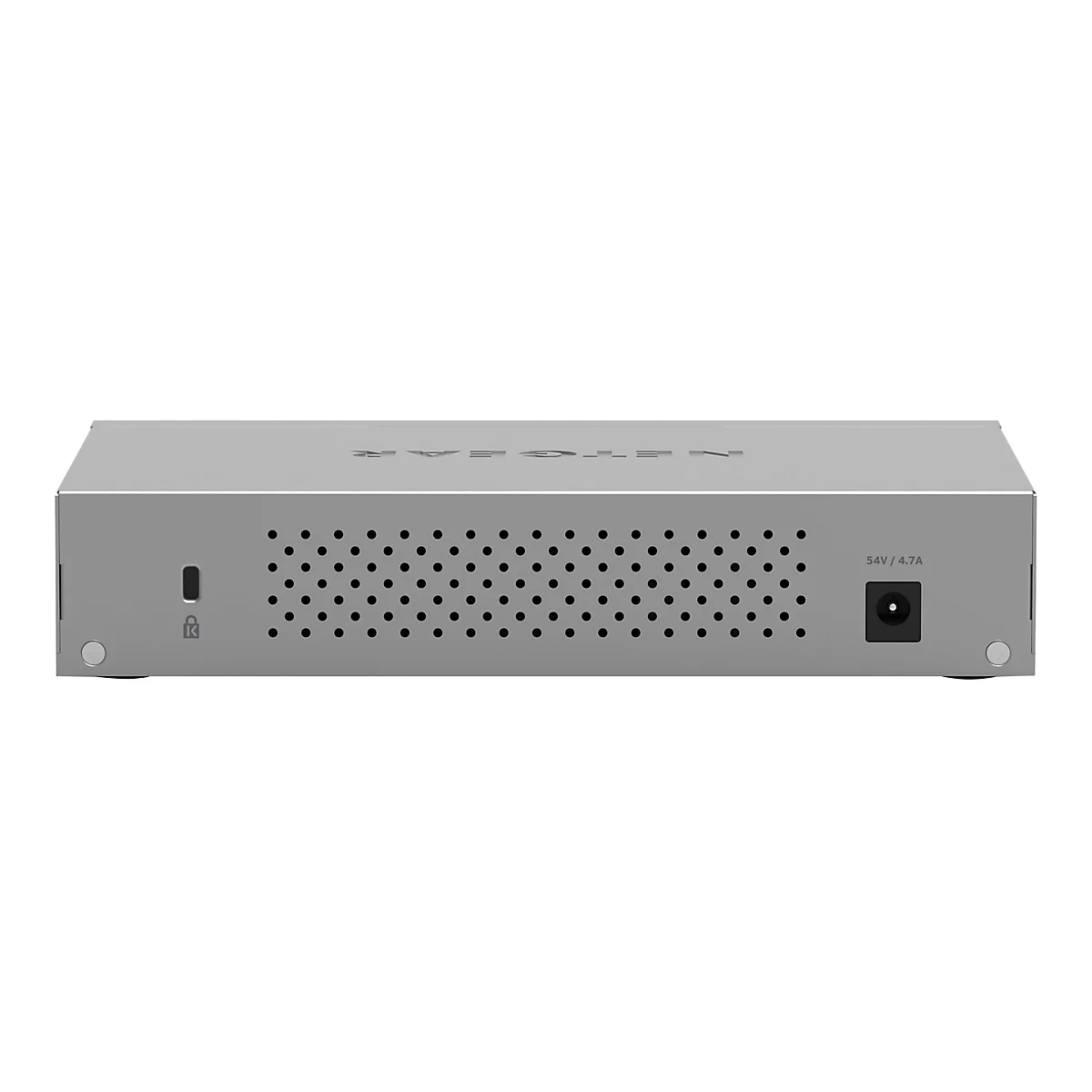Grauer Netzwerk-Switch mit Netgear-Logo. Rückseite mit Stromanschluss und Lüftungsöffnungen.
