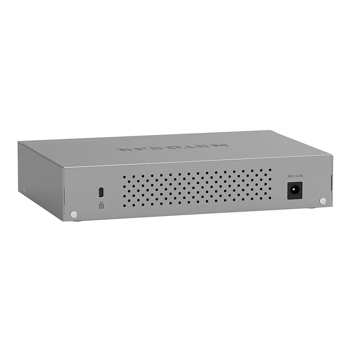 Grauer Netzwerkswitch mit schwarzen Lüftungslöchern. Auf der Rückseite sind Anschlüsse und die Bezeichnung 54V/4.7A zu sehen.