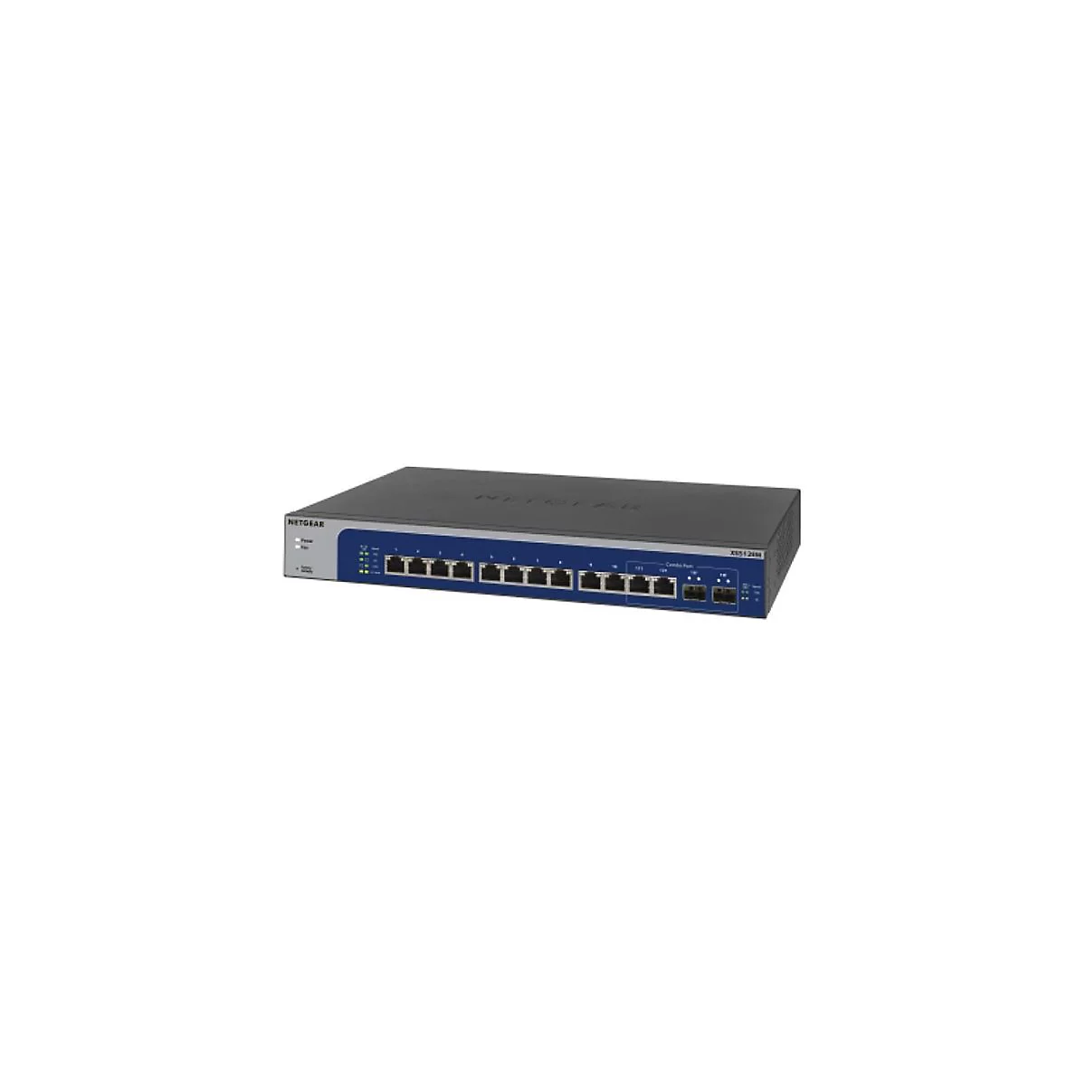 Commutateur Netgear noir avec façade bleue, ports et indicateurs.