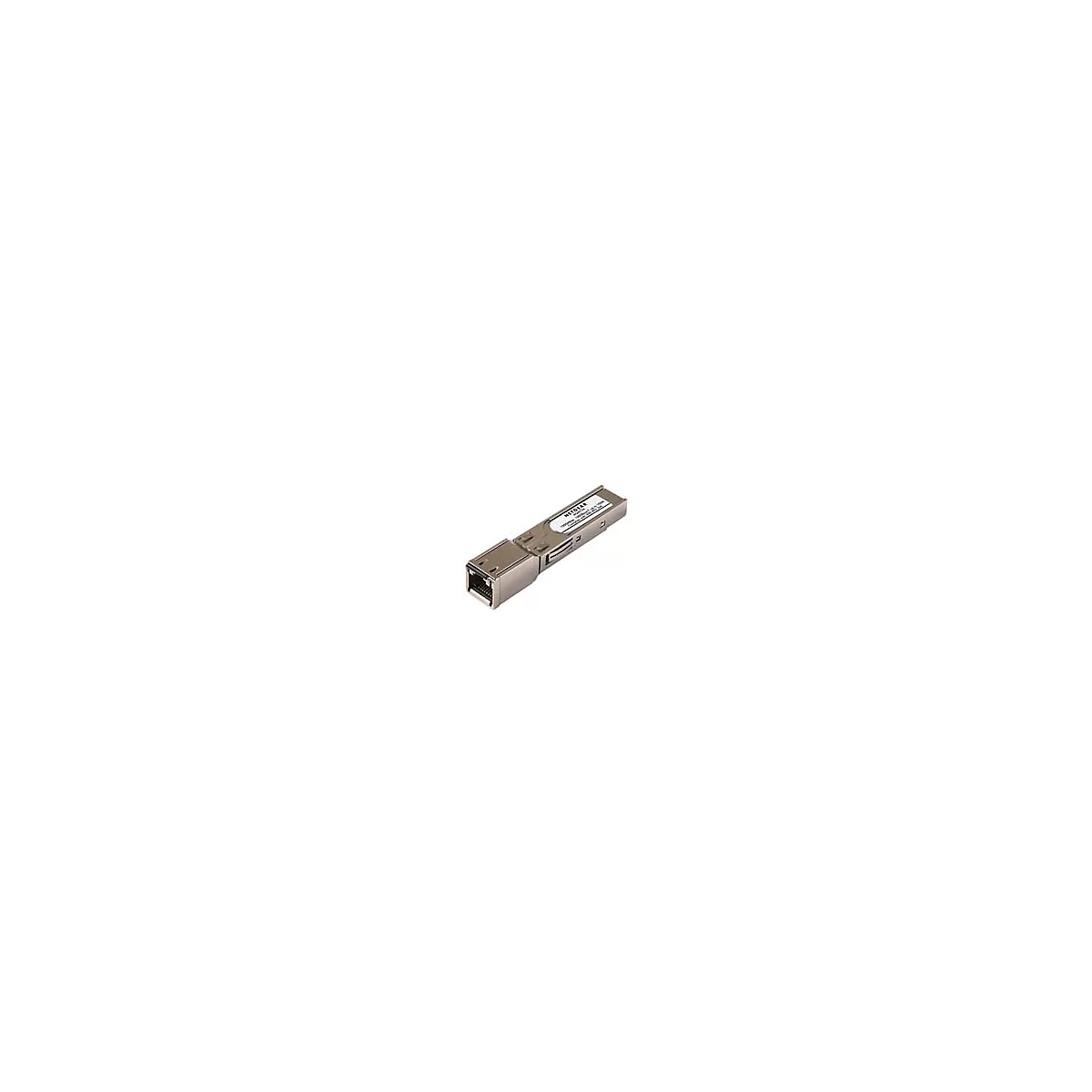 Ein Metall-Modul, bezeichnet als Netgear, mit Stecker und Beschriftung auf weißem Grund.