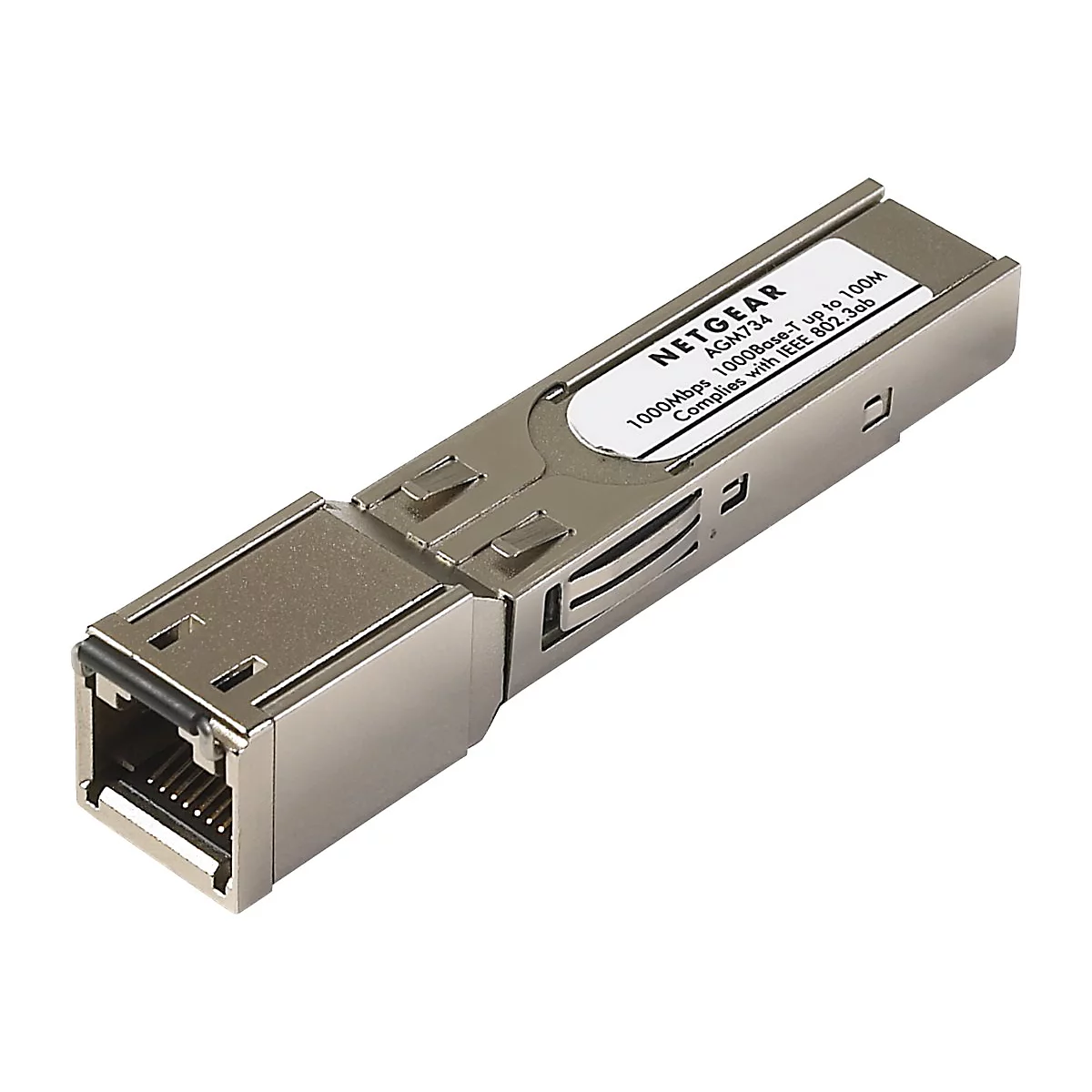 Ein silbernes Netzwerkmodul von Netgear. Mit Schriftzug und Netzwerkanschluss.