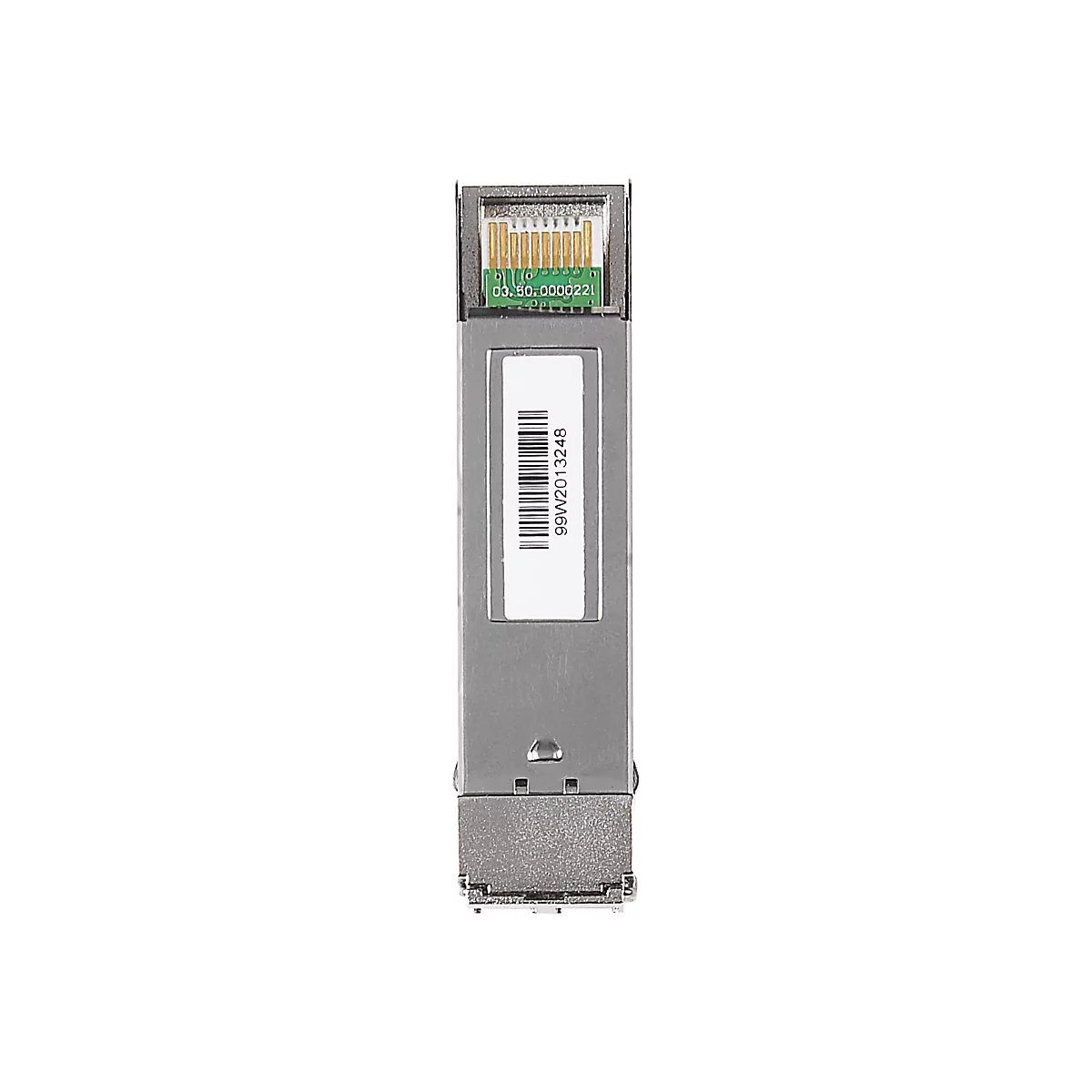 Ein silberner SFP-Transceiver. Oben befindet sich ein grüner Chip. Ein weißes Etikett mit Barcode und der Aufschrift 99W2013248.