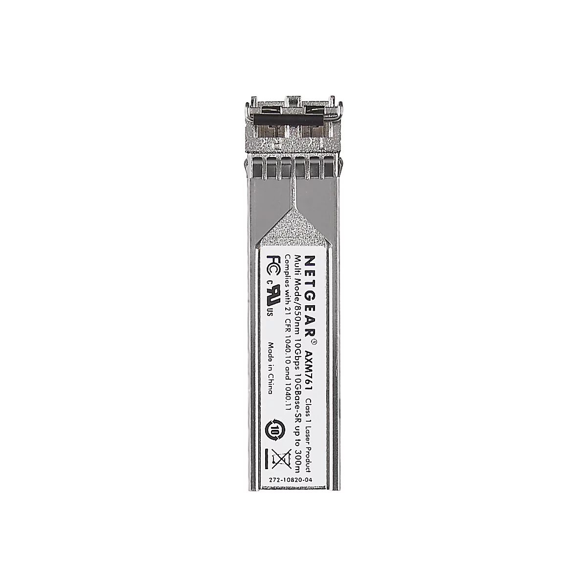 Ein silberner NETGEAR AXM761 Transceiver auf weißem Hintergrund. Der Text auf dem Etikett lautet: Multi-Mode, 10 GBit/s, bis zu 300 m. Es gibt Logos und Zertifizierungen.