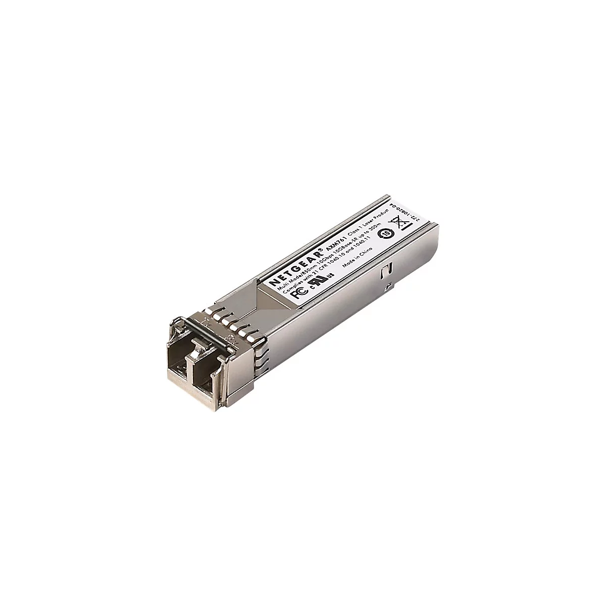 Silberfarbener Netzwerk-Transceiver mit Aufschrift NETGEAR AXM761.