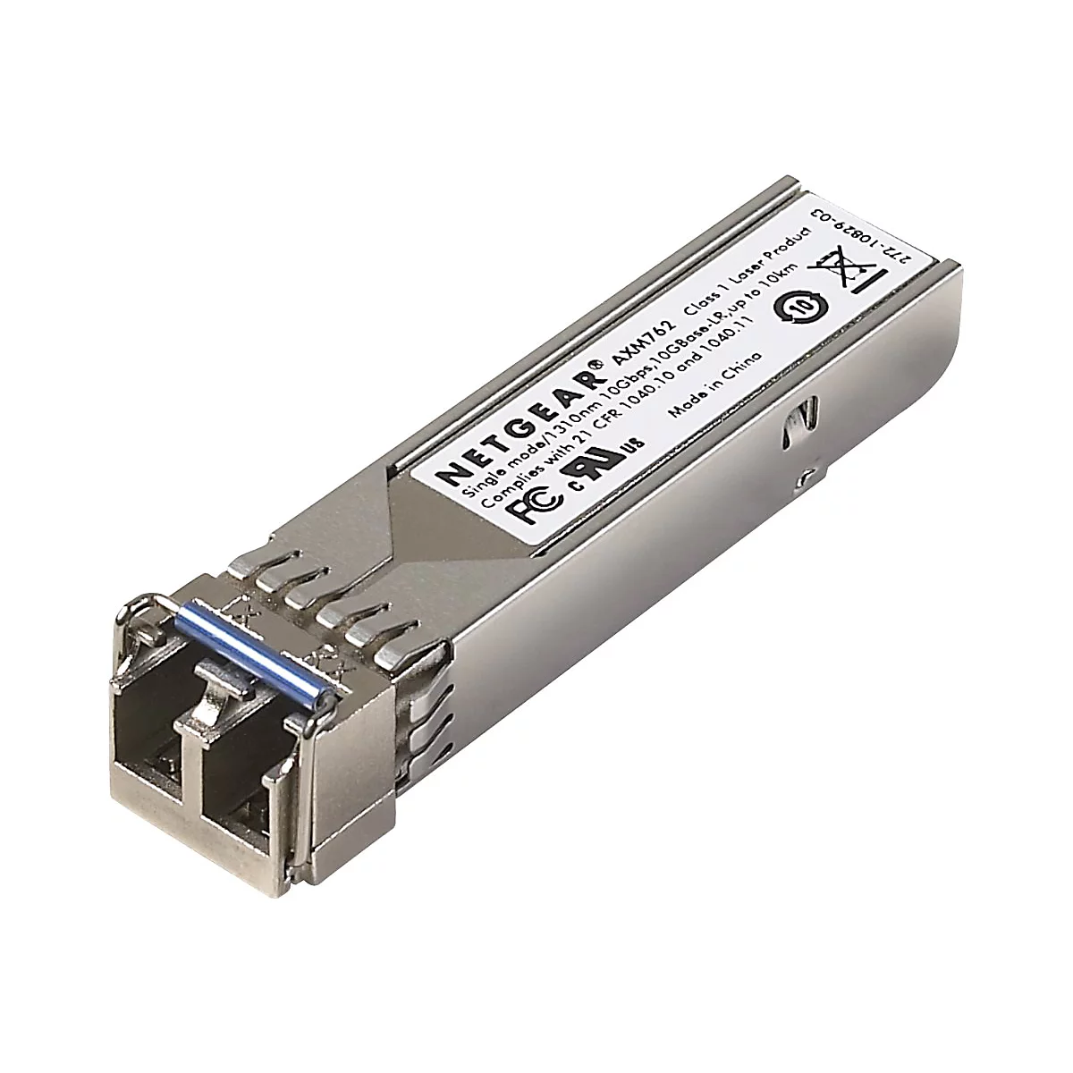 Ein silberner NETGEAR AXM762 Transceiver, auf weißem Grund. Aufschrift: Single mode 10Gbps, 10GBase-LR, bis zu 10km.