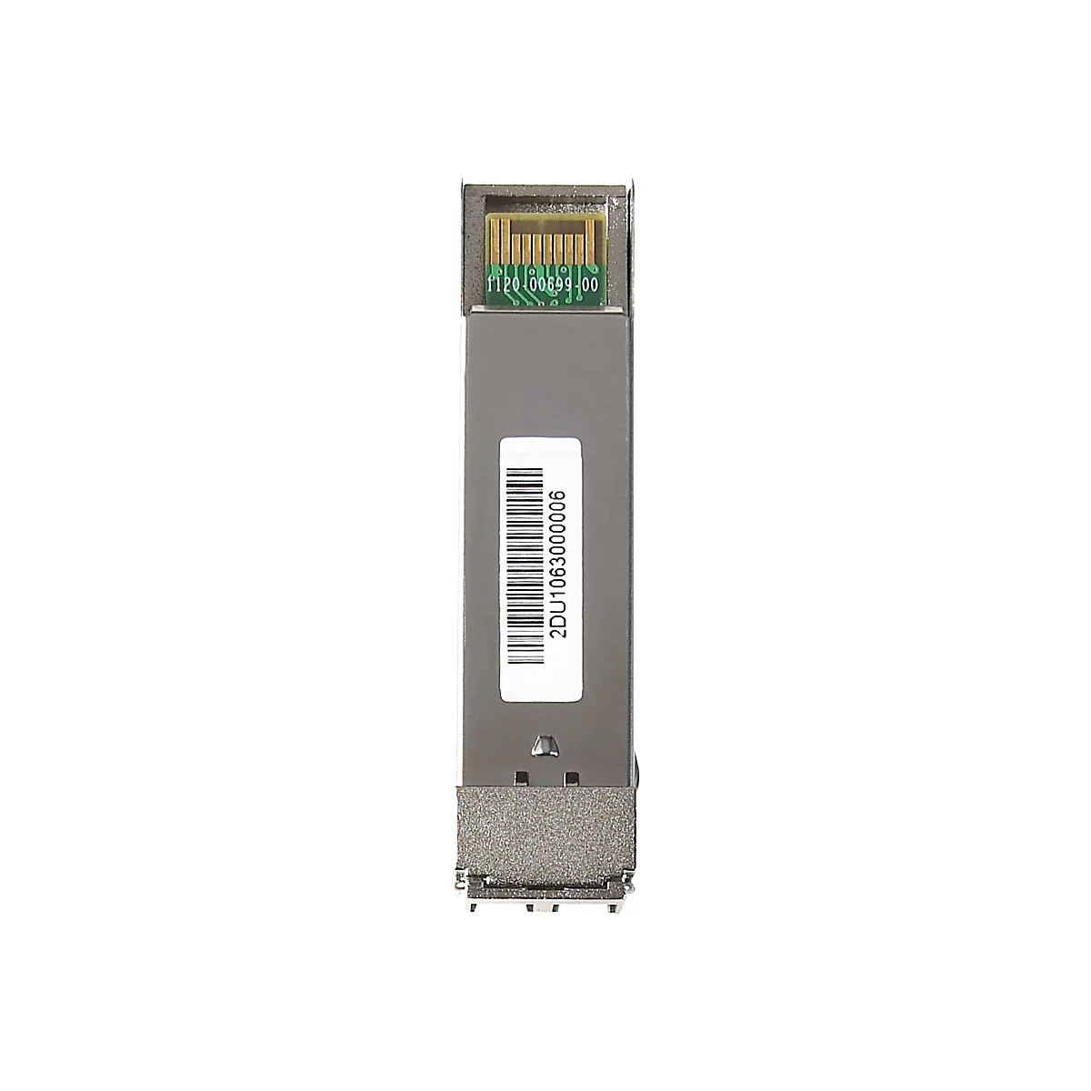 Ein graues elektronisches Bauteil mit Barcode und Schriftzug 2DU1063000006.