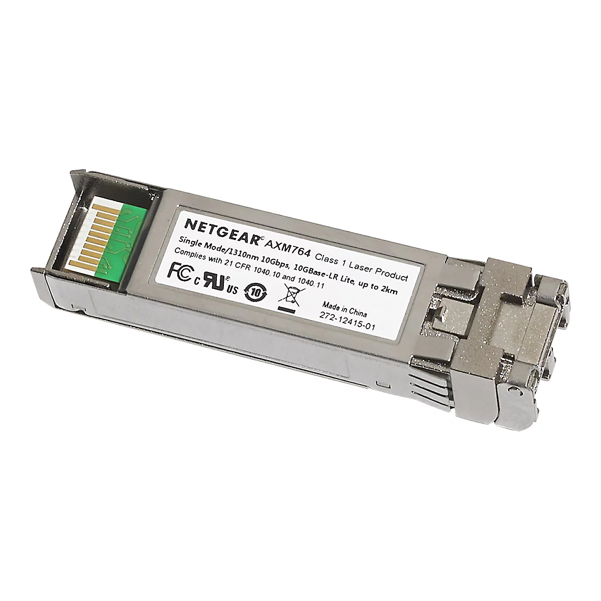 Ein silberner NETGEAR AXM764-Sender-Empfänger mit Aufschrift. Das Gerät ist vor weißem Hintergrund abgebildet.