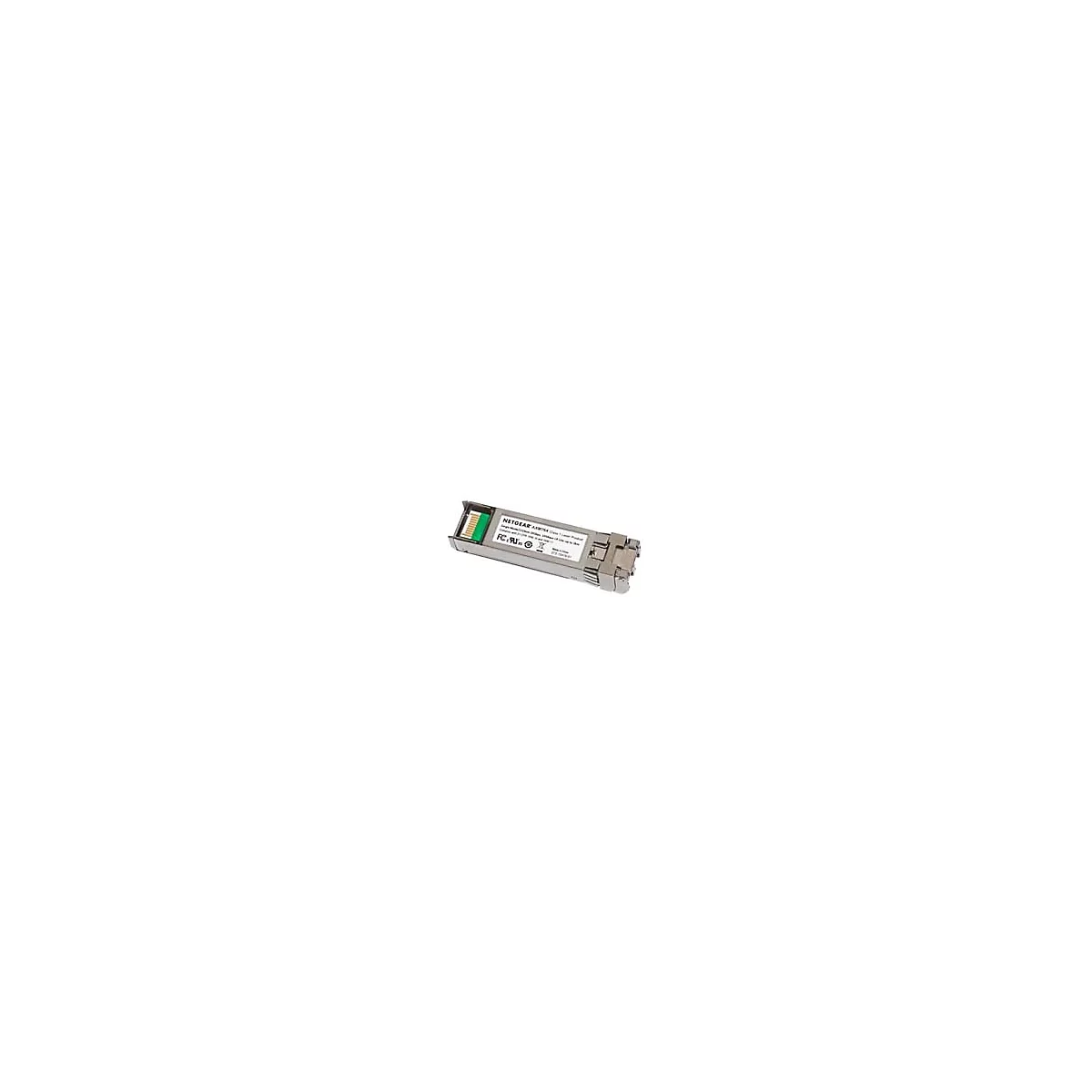 Ein silberner NETGEAR AM734 SFP Transceiver. Der grüne Stecker ist links, der Text ist lesbar.