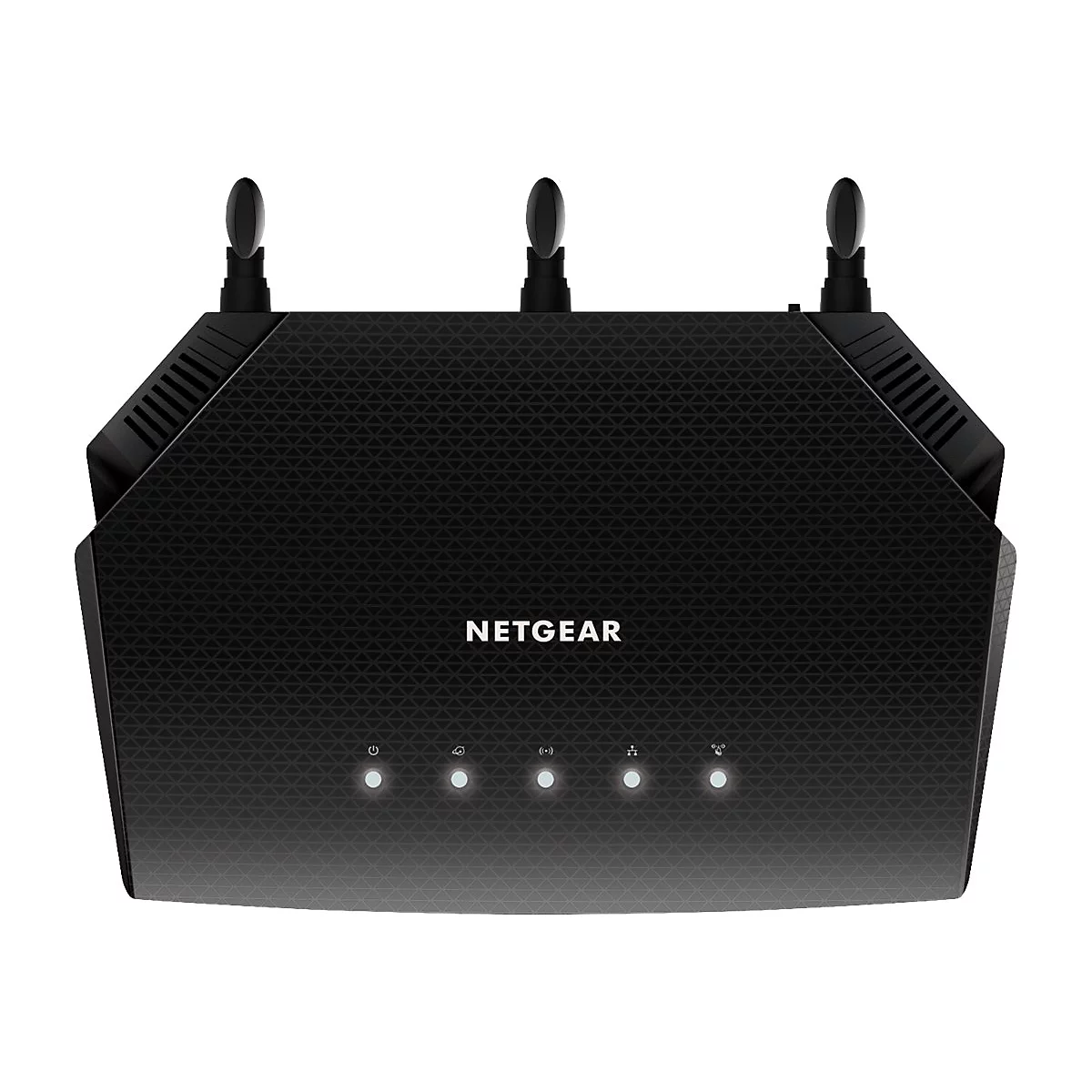 Schwarzer Router mit drei Antennen, NETGEAR-Schriftzug, vier Leuchten.