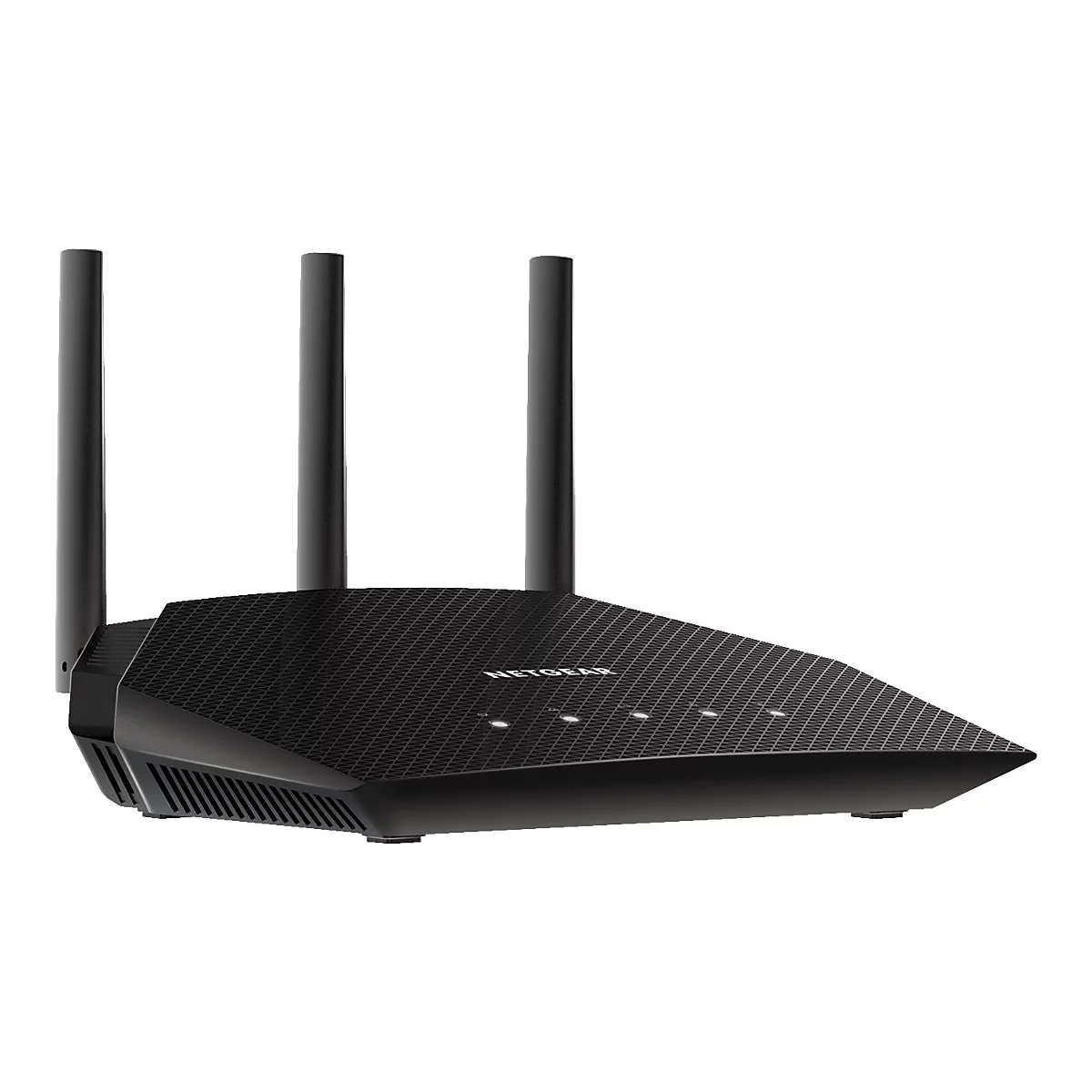 Schwarzer Router mit drei Antennen, NETGEAR Schriftzug, drei Leuchten.