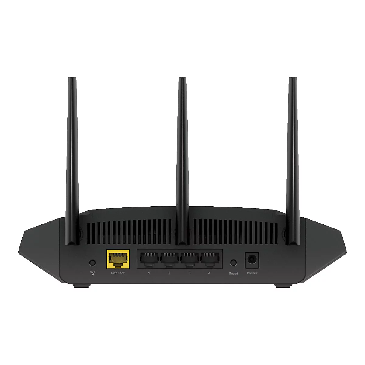 Schwarzer Router mit drei Antennen, RÃ¼ckansicht mit AnschlÃ¼ssen und Ethernet-Port.