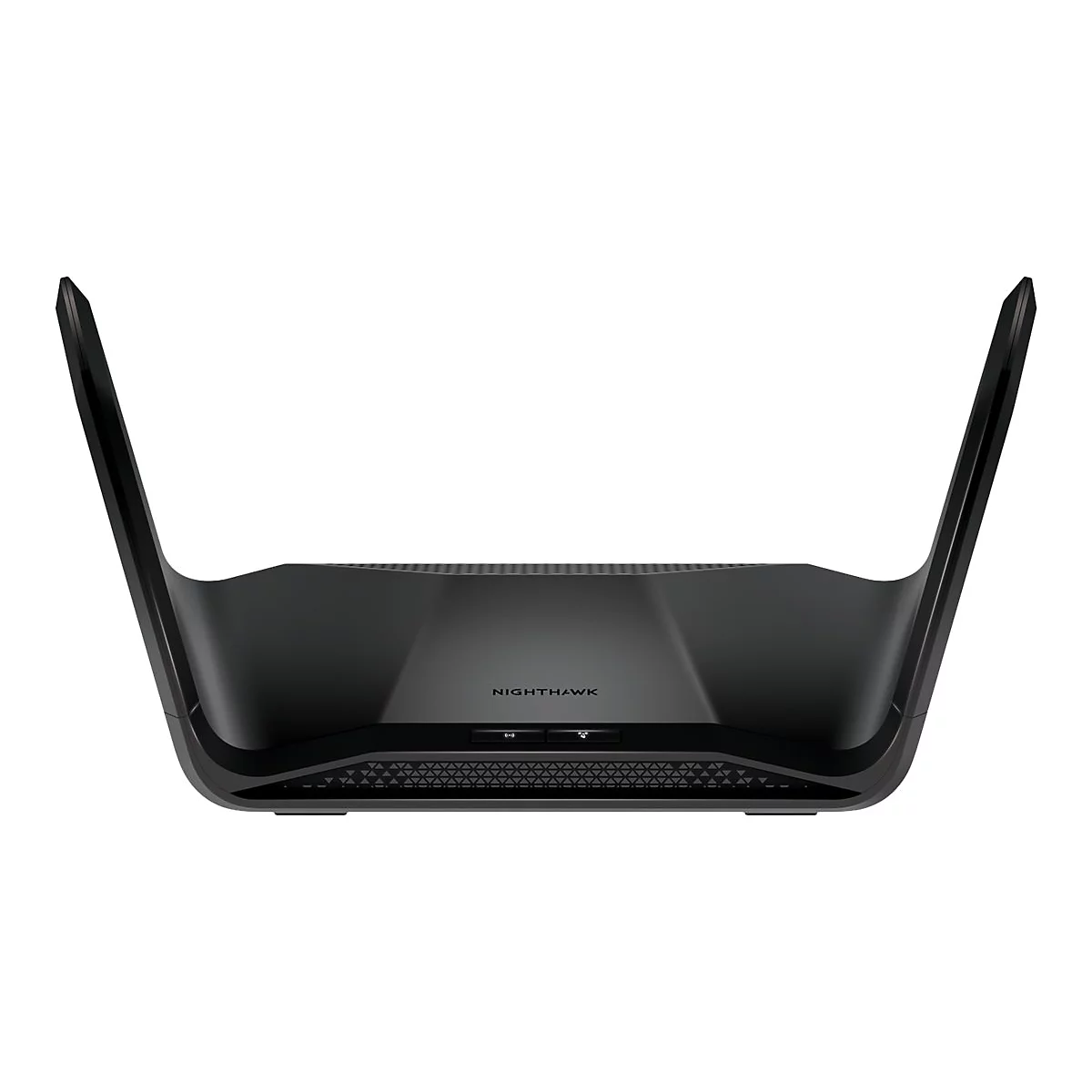 Schwarzer WLAN-Router mit zwei Antennen, die nach oben zeigen. Der Schriftzug Nighthawk ist zu sehen.